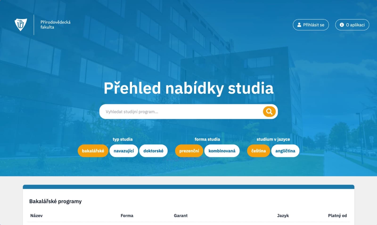 Study programme overview with search and filters by type, form and language of study